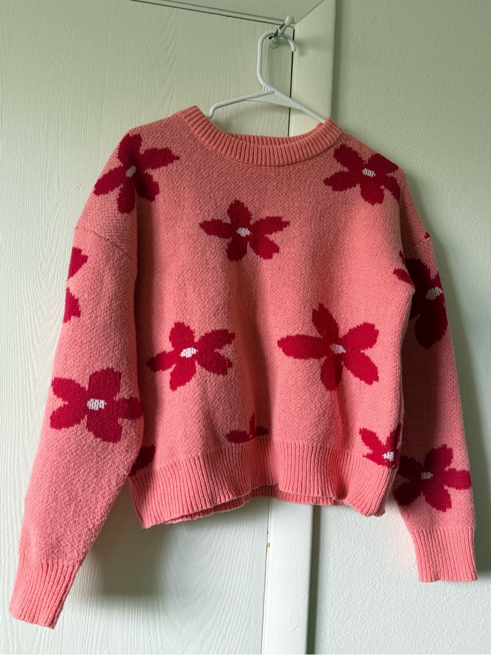 Salmon Pink & Red Floral Knit Crewneck Sweater Retro Daisy Pattern - Large